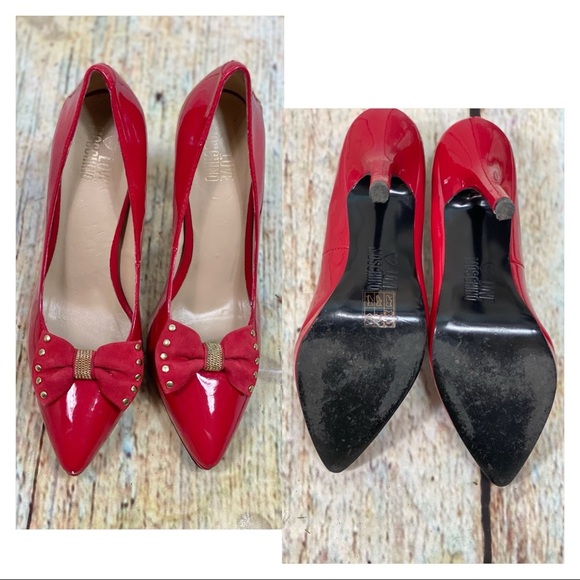 MOSCHINO EUC Red Patent Leather Studded Bow Pumps - Picture 3 of 16
